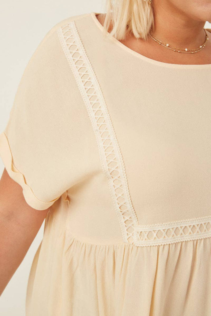 Womens Crochet Trimmed Dolman Sleeve Babydoll Top: Taupe