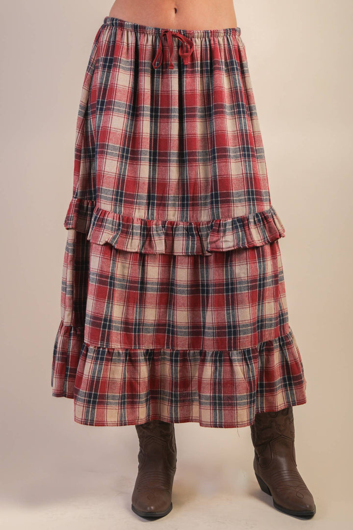 Ruffle Red Check Plaid Tiered Midi Skirt