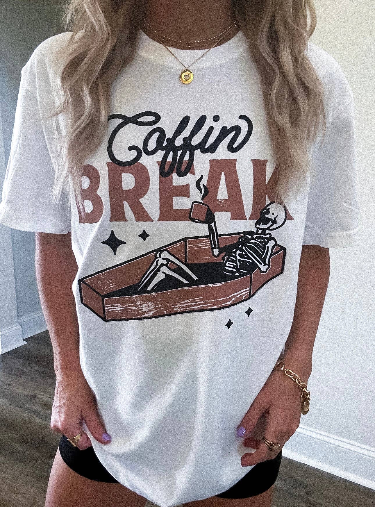 Coffin Break Skeleton Halloween Retro Graphic Tee