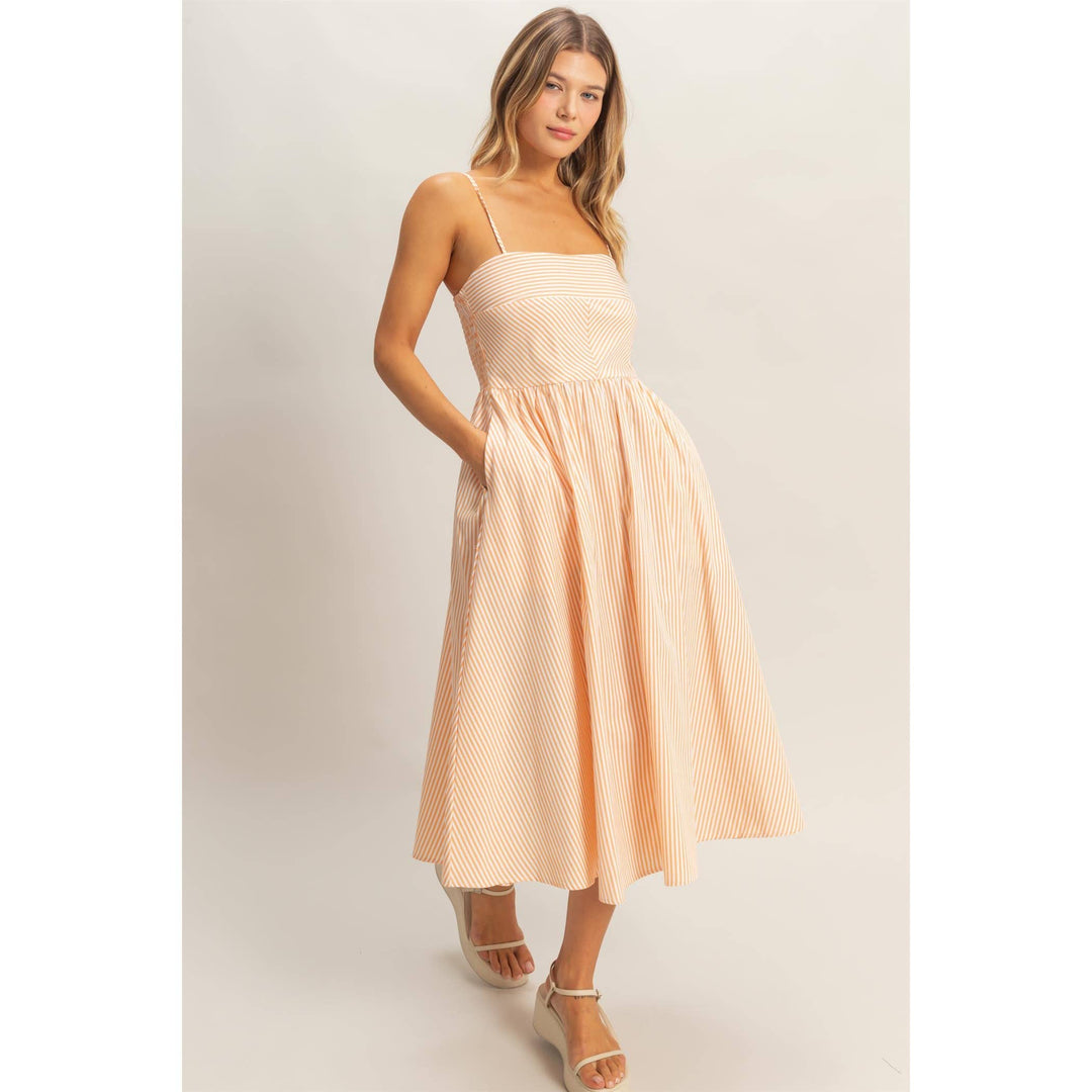 Striped Spaghetti Strap Dress: Sage Green & Orange