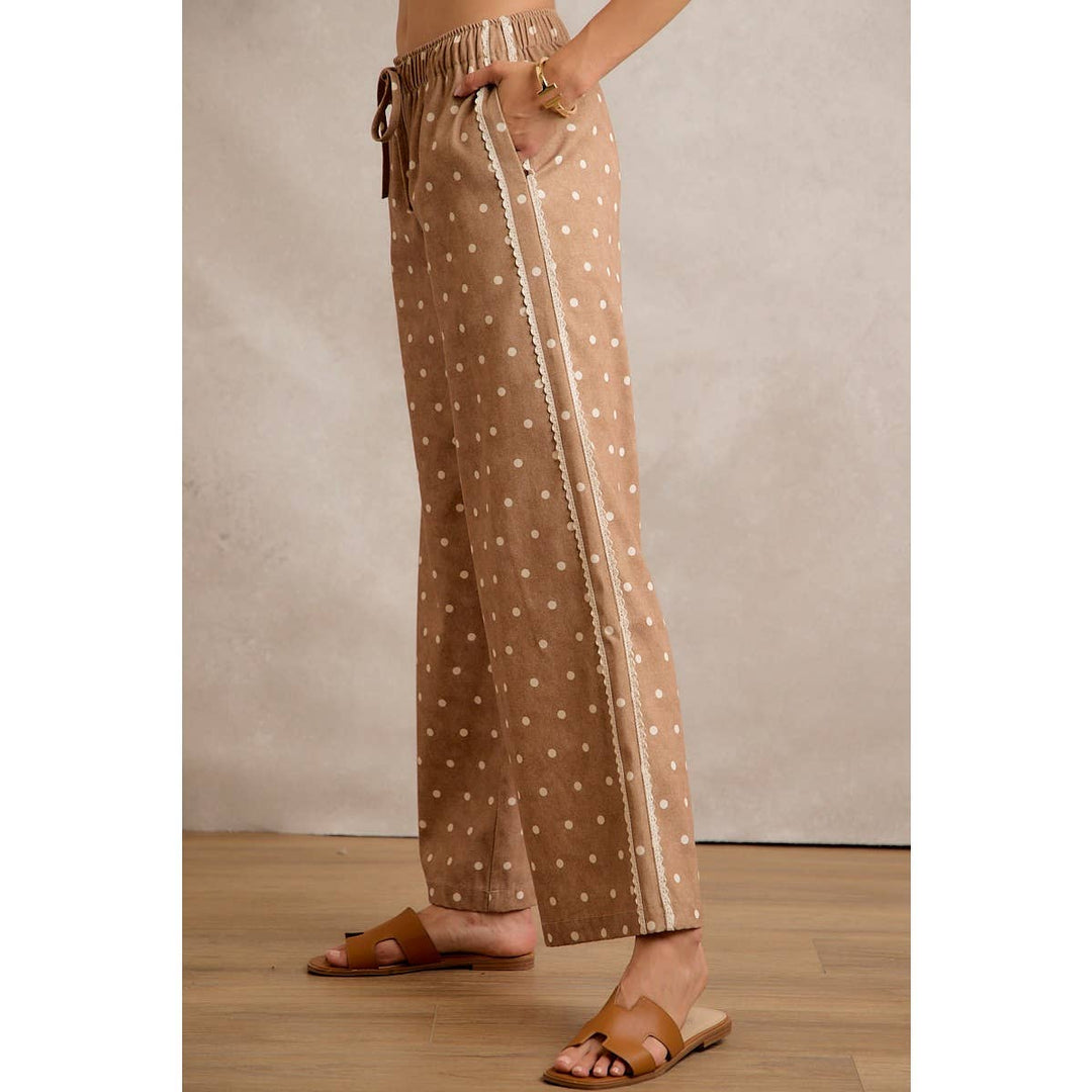 LACE SIDE TRIM POLKA DOT MID RISE WIDE LEG PANTS