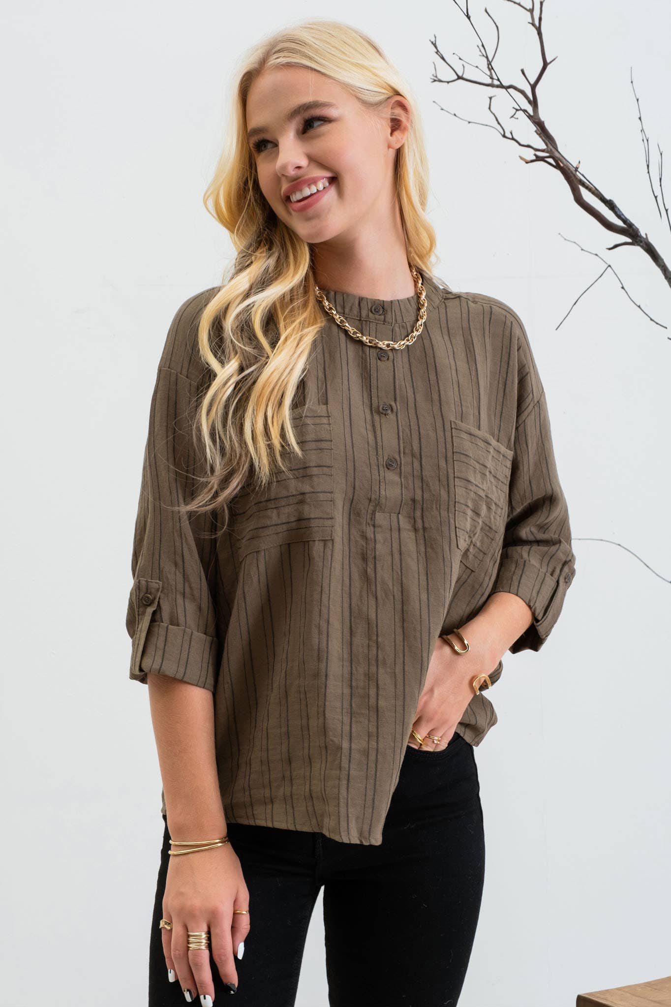 VERTICAL STRIPED LONG SLEEVE: OLIVE
