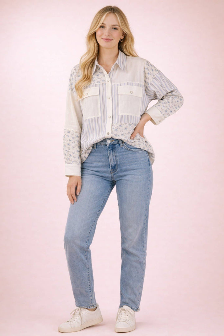 Plus Size Floral & Stripe Oversized Shacket Jacket