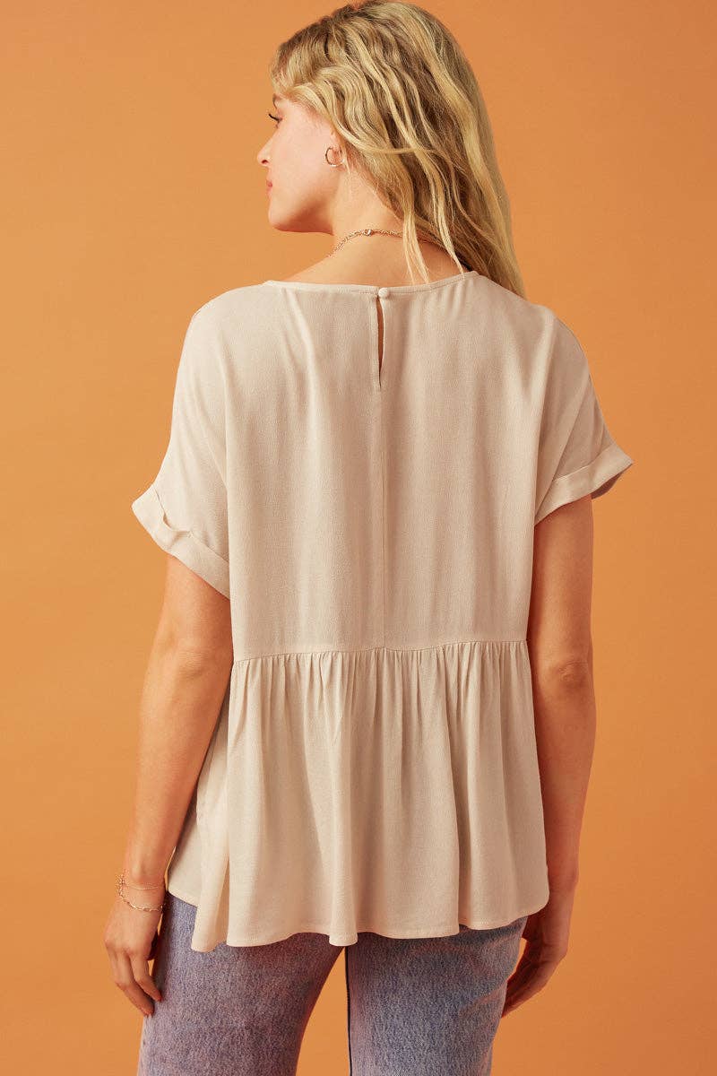 Womens Crochet Trimmed Dolman Sleeve Babydoll Top: Taupe