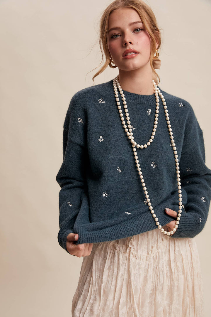 Embroidered Dot Knit Sweater Emerlad