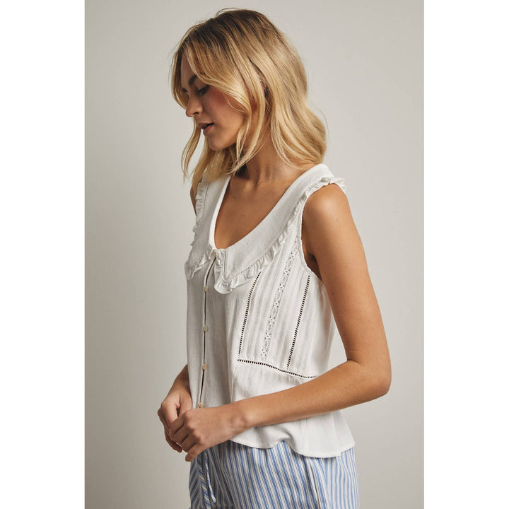 RUFFLE COLLARED BUTTON-UP TANK BLOUSE