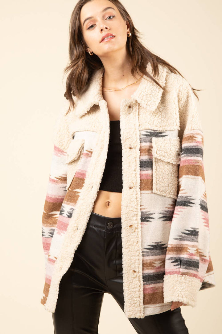 PLUS SIZE Aztec Graphic Sherpa Jacket Shacket