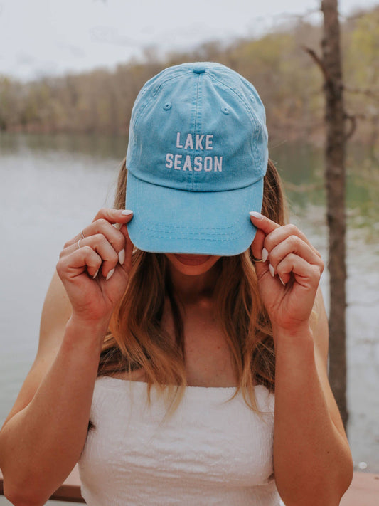 Lake Season' Hat in aqua with white text, ideal for sunny days at the lake. Perfect for pairing with swimsuits and cover-ups.