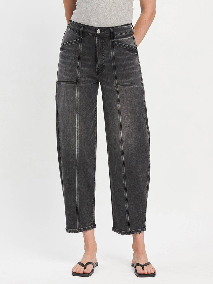 SUPER HIGH RISE PANEL DETAIL BARREL JEANS