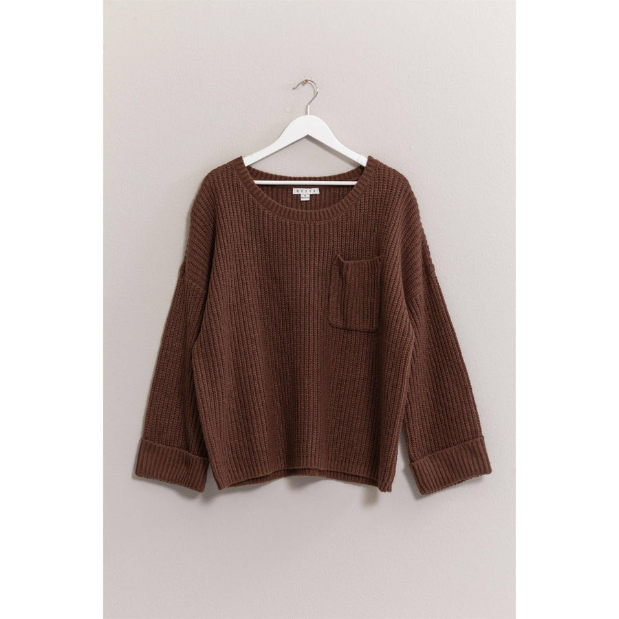 Allie Oversized Pullover Sweater with all-over ribbing, round neck, and patch pocket.