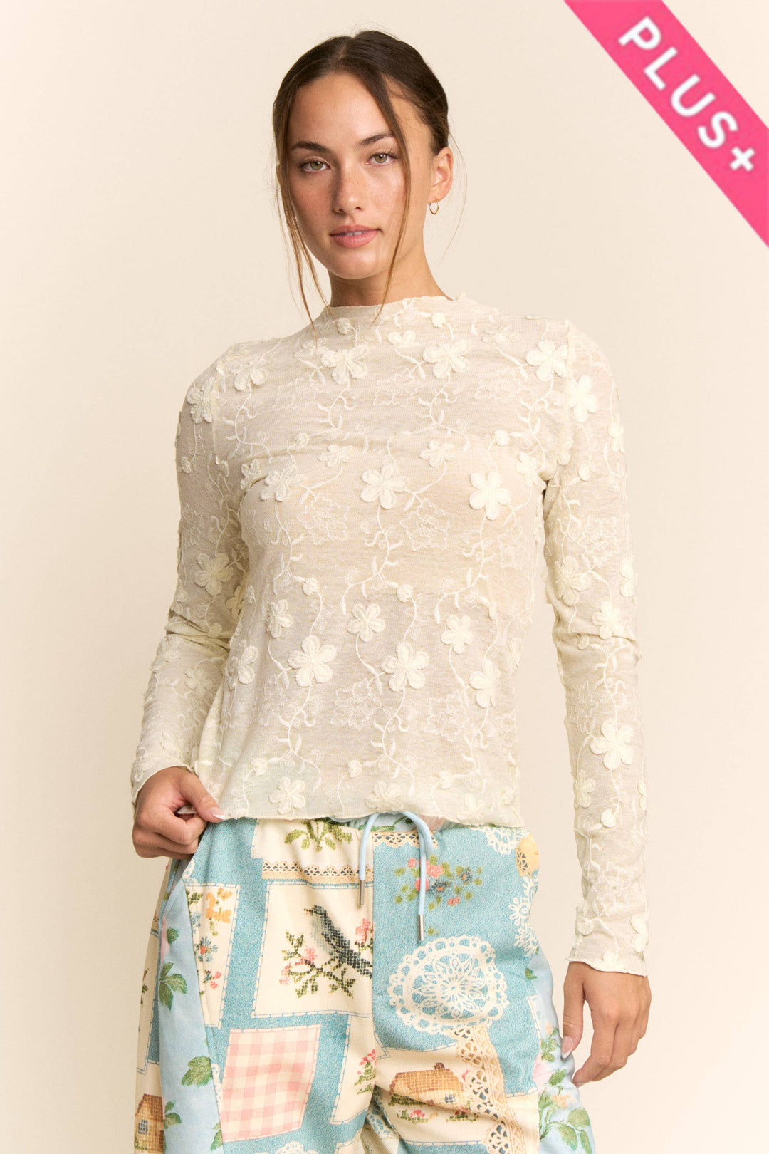 Plus Size Longsleeve Embroidered Mock Neck