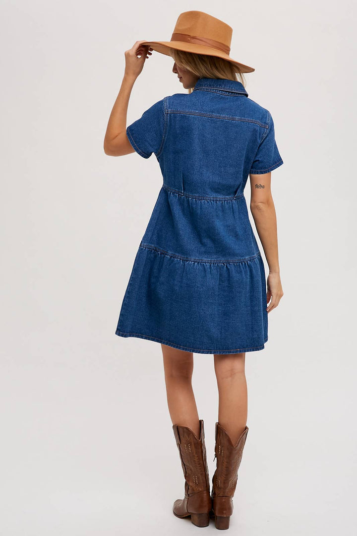 DENIM TIERED BUTTON FRONT SHIRT DRESS