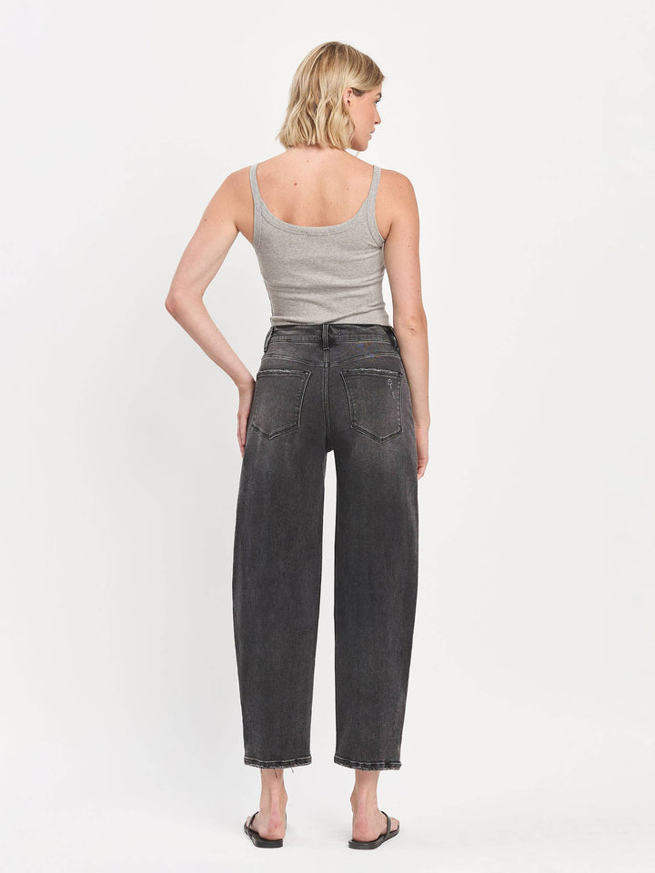 SUPER HIGH RISE PANEL DETAIL BARREL JEANS