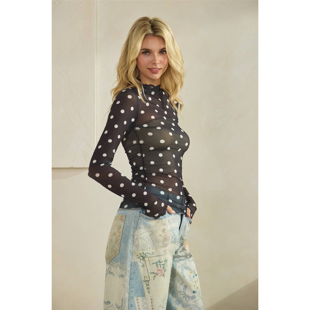 Lace Long Sleeve See Through Top: Ivory Polka Dot