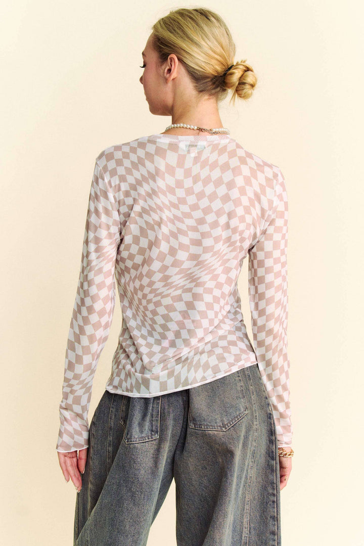 Plus Size Checkered Board Mesh Long Sleeve: Ivory