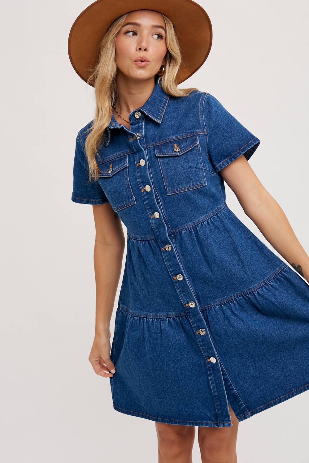 DENIM TIERED BUTTON FRONT SHIRT DRESS