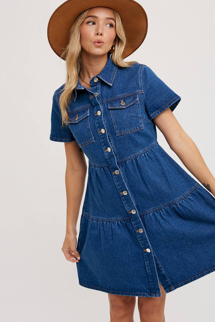 DENIM TIERED BUTTON FRONT SHIRT DRESS