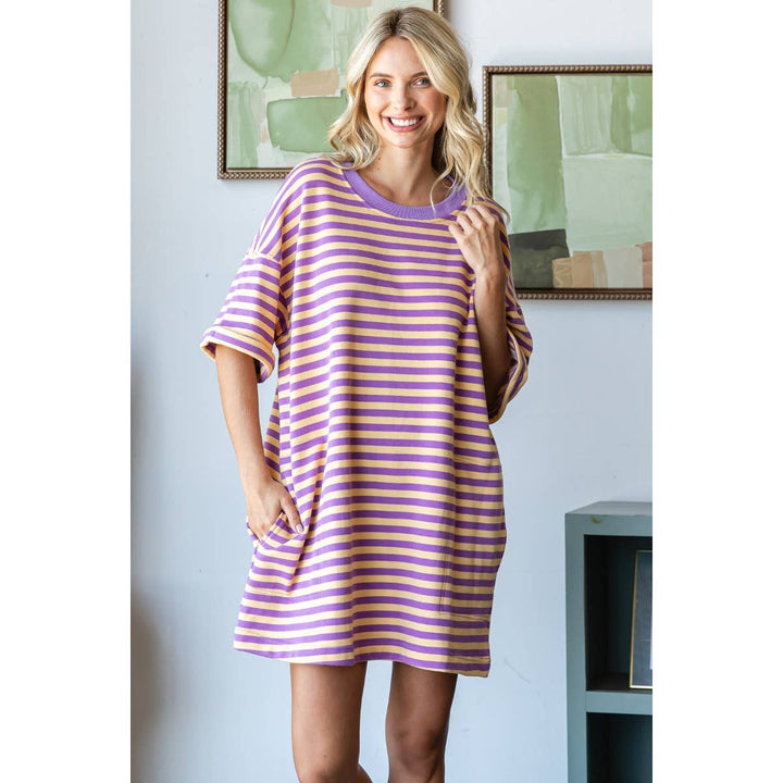 Yellow/Purple Stripe Knit Pullover Oversized Tee Dress