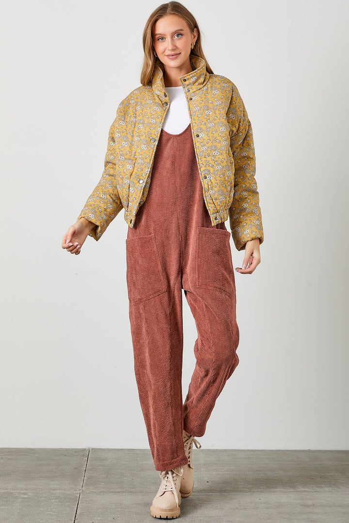 Floral Print Snap Button Puff Jacket
