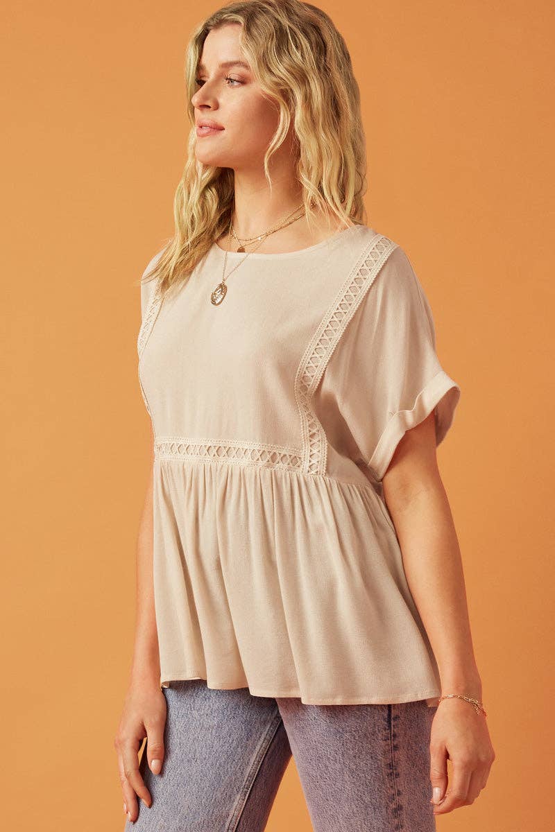 Womens Crochet Trimmed Dolman Sleeve Babydoll Top: Taupe