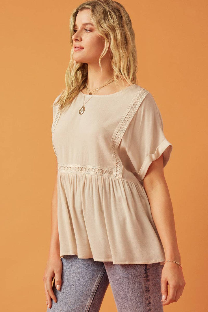 Womens Crochet Trimmed Dolman Sleeve Babydoll Top: Taupe