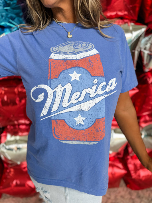 close up detailed view of Merica Can T-Shirt in Flo Blue, 100% cotton, garment-dyed Comfort Colors brand with direct screenprint design.