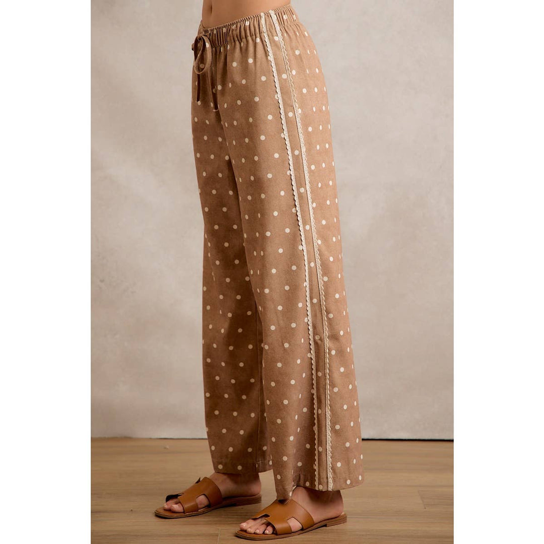 LACE SIDE TRIM POLKA DOT MID RISE WIDE LEG PANTS
