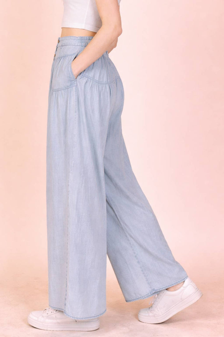 Plus Size Mineral Washed Chambray Wide Pants
