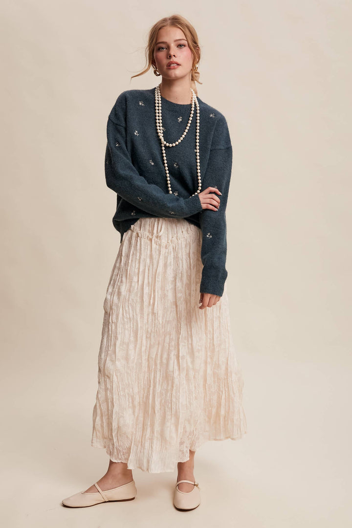 Embroidered Dot Knit Sweater Emerlad