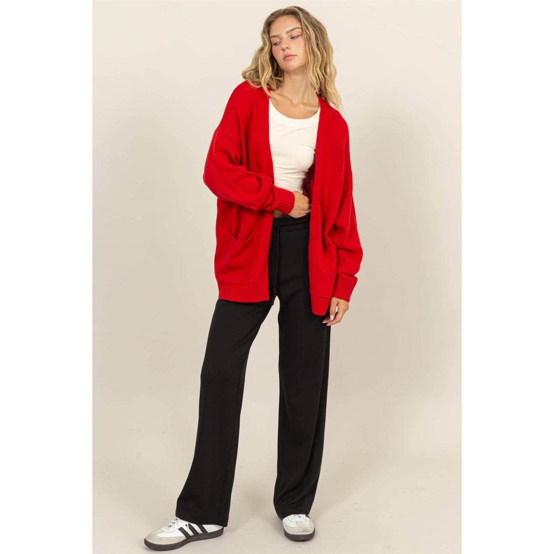 open front detail of Ruby Red Oversized Open-Front Cardigan Sweater with deep front pockets and ribbed cuffs, designed for a relaxed fit, available at Onyx Native.