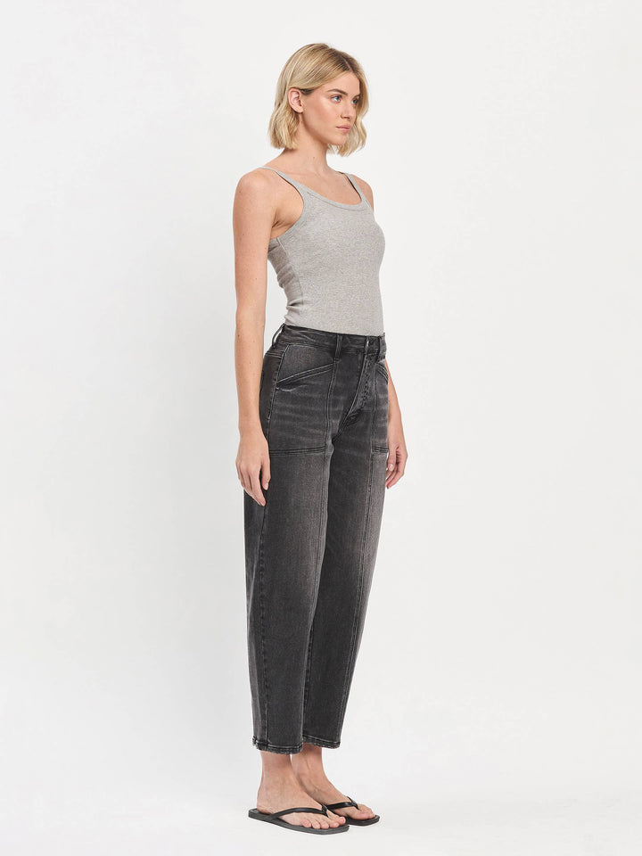 SUPER HIGH RISE PANEL DETAIL BARREL JEANS