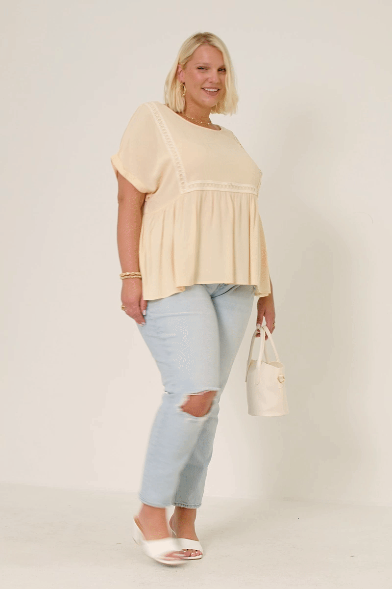 Womens Crochet Trimmed Dolman Sleeve Babydoll Top: Taupe
