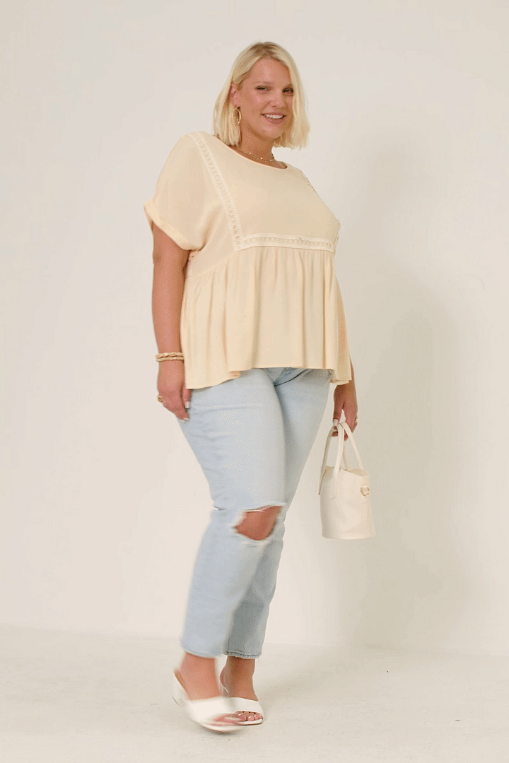Womens Crochet Trimmed Dolman Sleeve Babydoll Top: Taupe