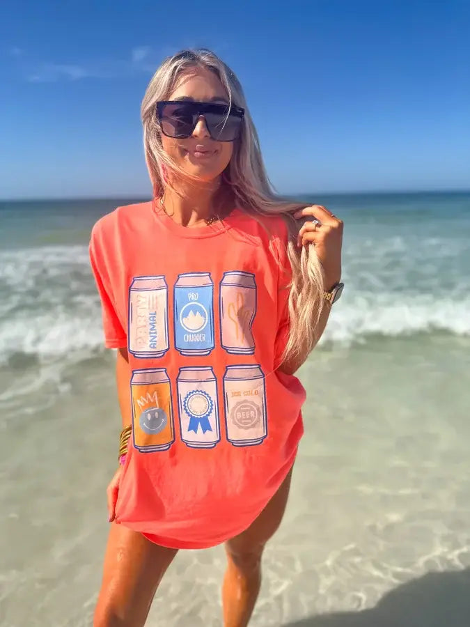 model wearing Preppy Beer Can Neon Red Orange Graphic Tee, Comfort Colors brand, 100% cotton, featuring a vibrant beer can graphic design with DTG printing