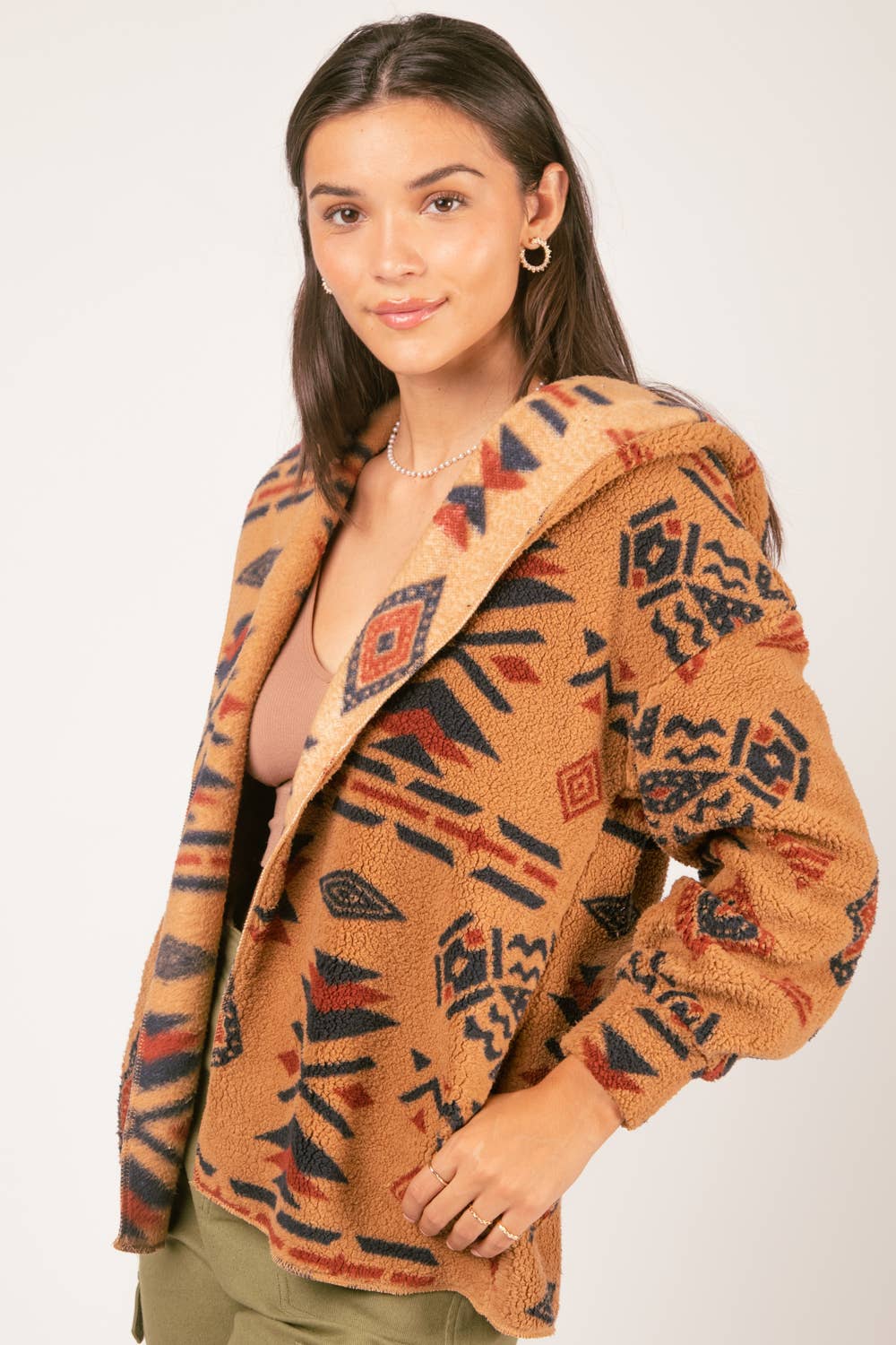 PLUS SIZE Aztec Print Hood Oversize Fleece Jacket: CAMEL