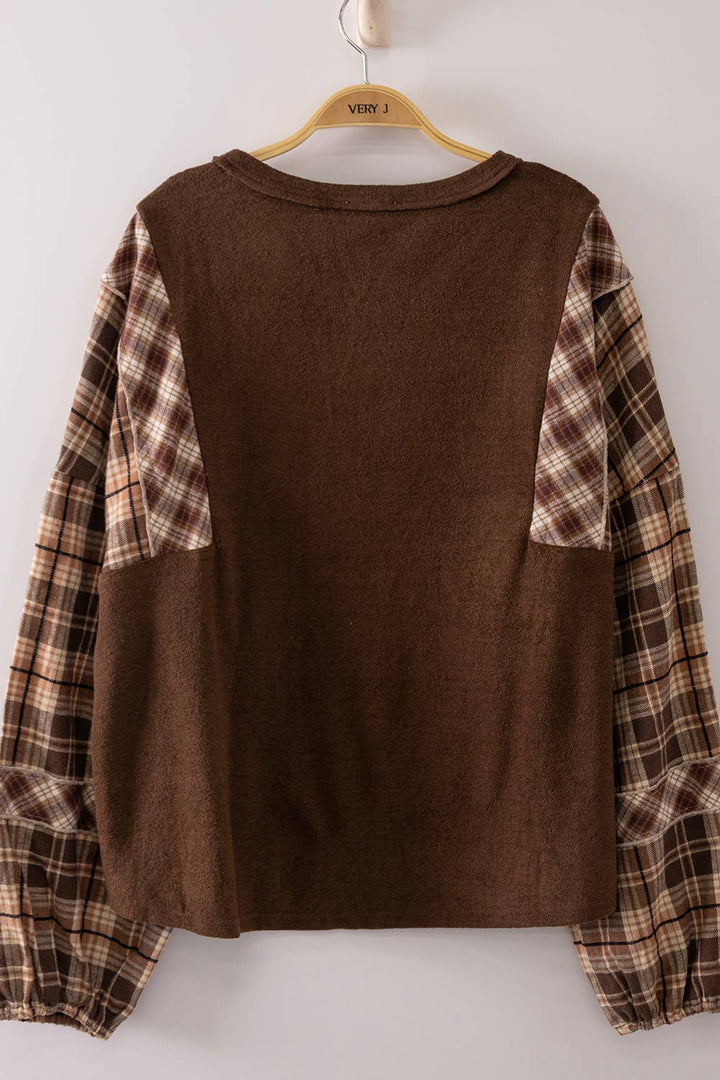 NT12815-Contrast Plaid Sleeve Top: GRAY / S-M-L/2-2-2