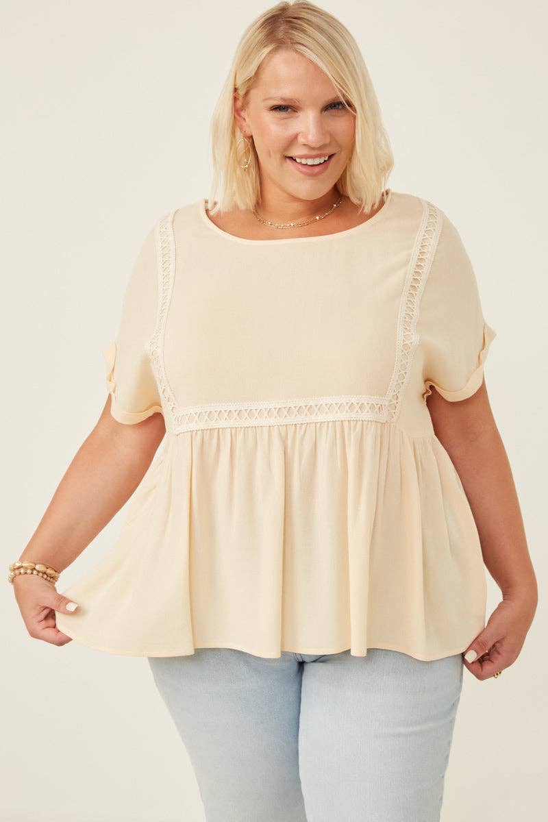 Womens Crochet Trimmed Dolman Sleeve Babydoll Top: Taupe