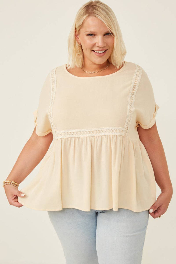 Womens Crochet Trimmed Dolman Sleeve Babydoll Top: Taupe