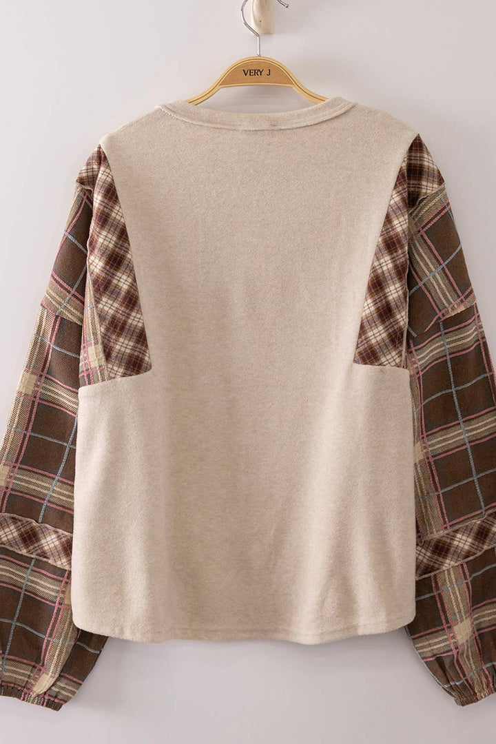 NT12815-Contrast Plaid Sleeve Top: GRAY / S-M-L/2-2-2