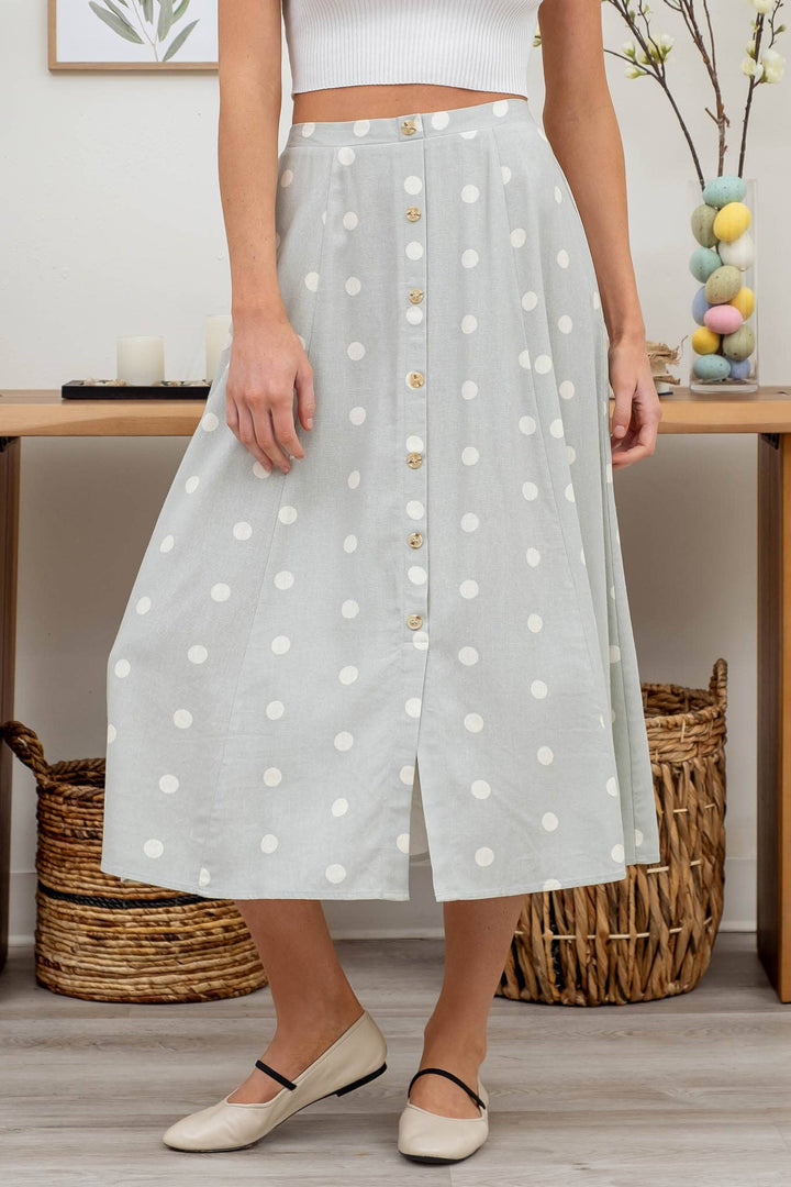 POLKA DOT BUTTON DOWN MIDI SKIRT: SAGE