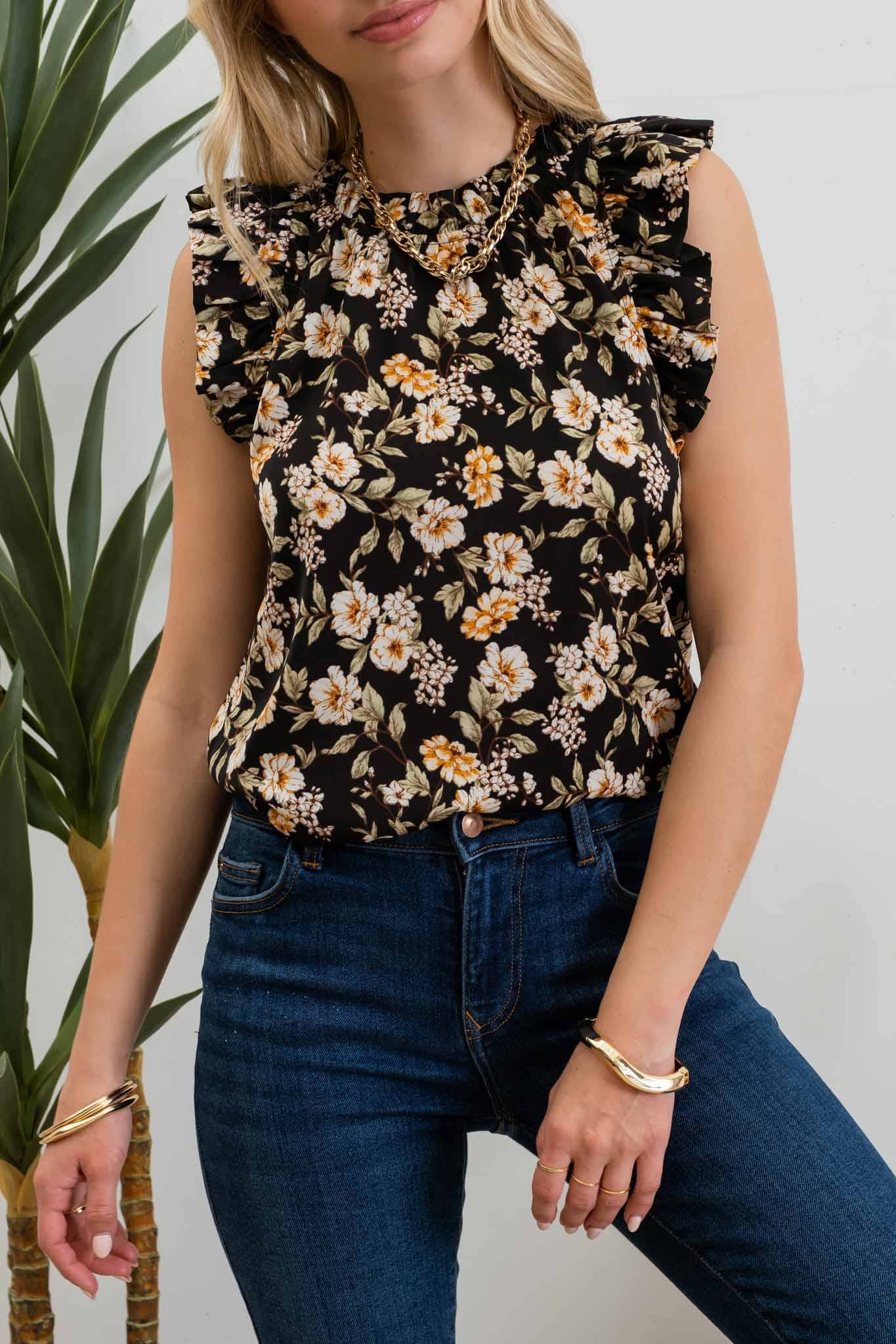 FLORAL PRINT ROUND NECK RUFFLE TRIM BLOUSE