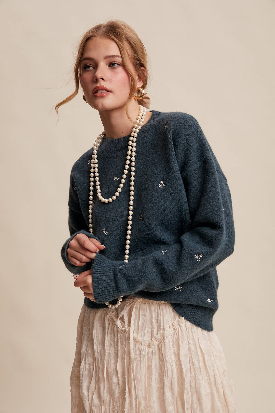 Embroidered Dot Knit Sweater Emerlad