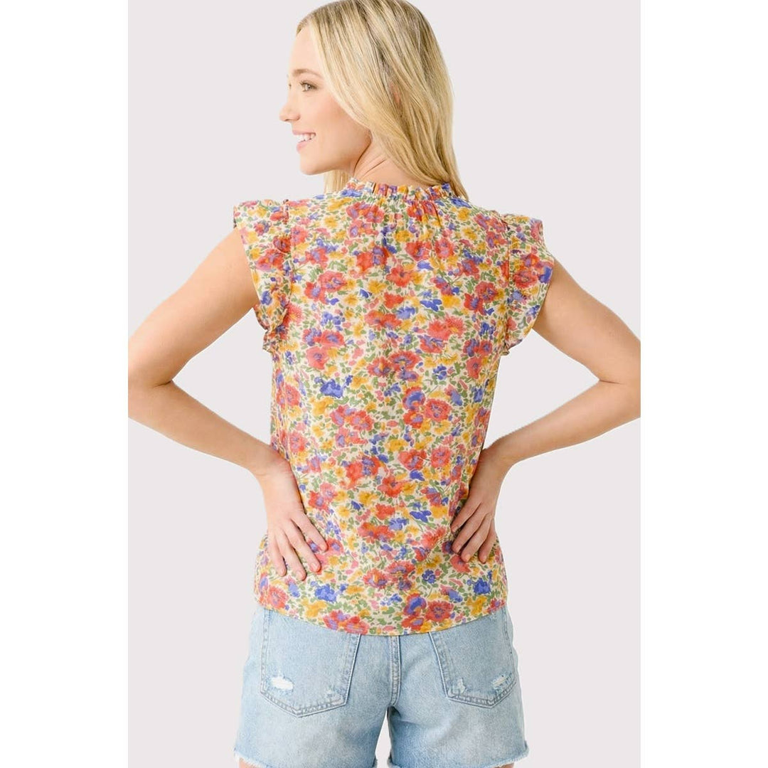 KEYHOLE TIE NECK FLORAL PRINTED TOP