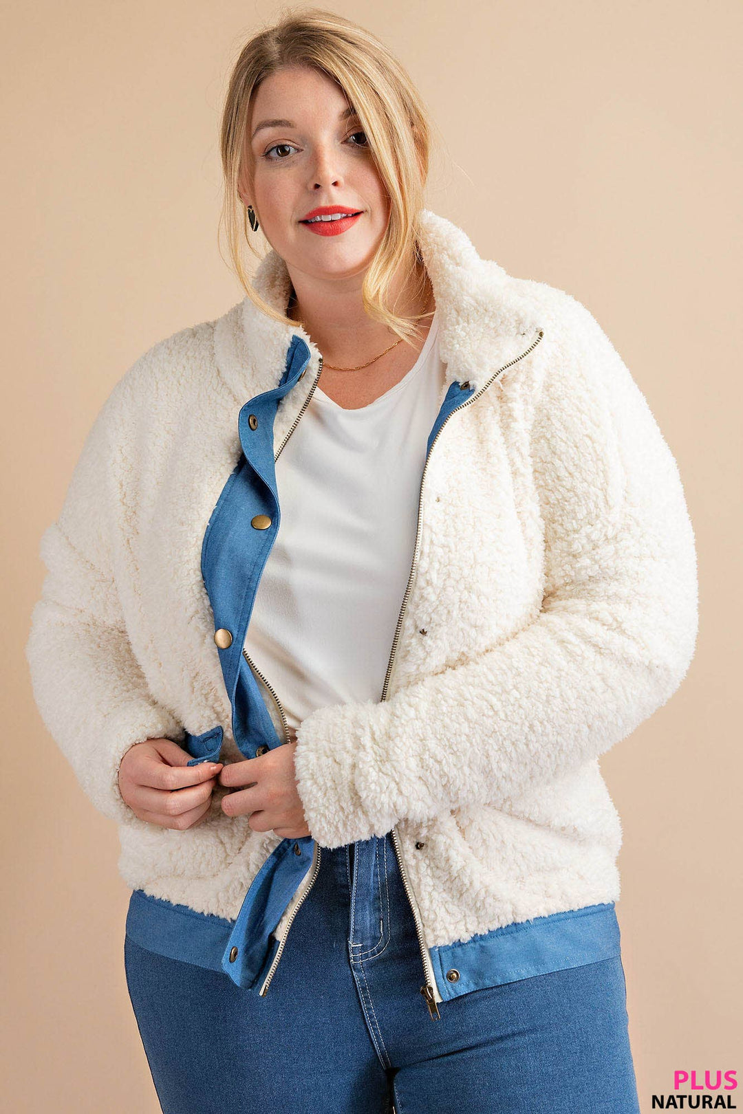 SOFT FAUX FUR CHAMBREY CONTRAST SNAP BUTTON JACKET