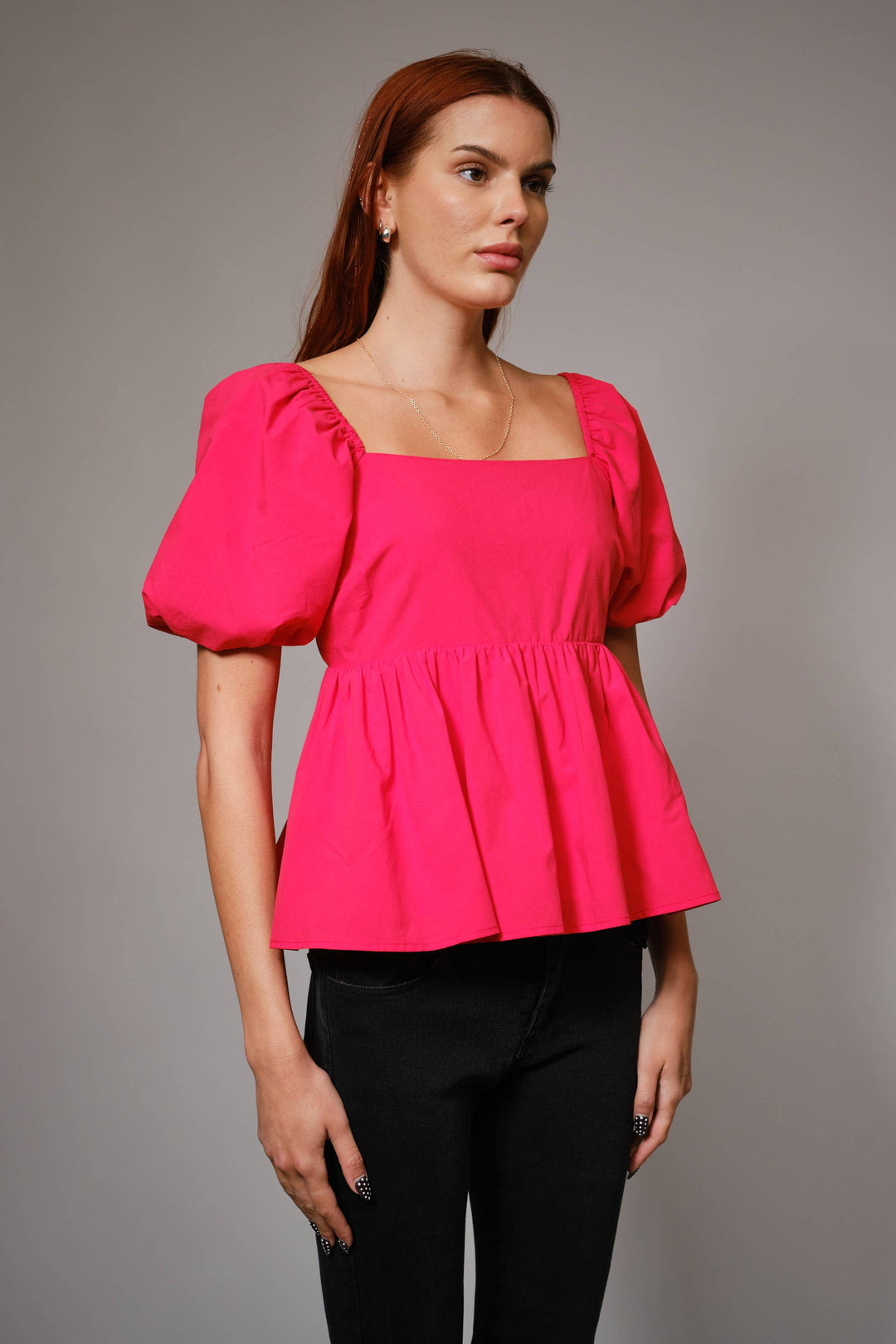 Coral Puff Sleeve Peplum Top with Square Neckline and Tie Back