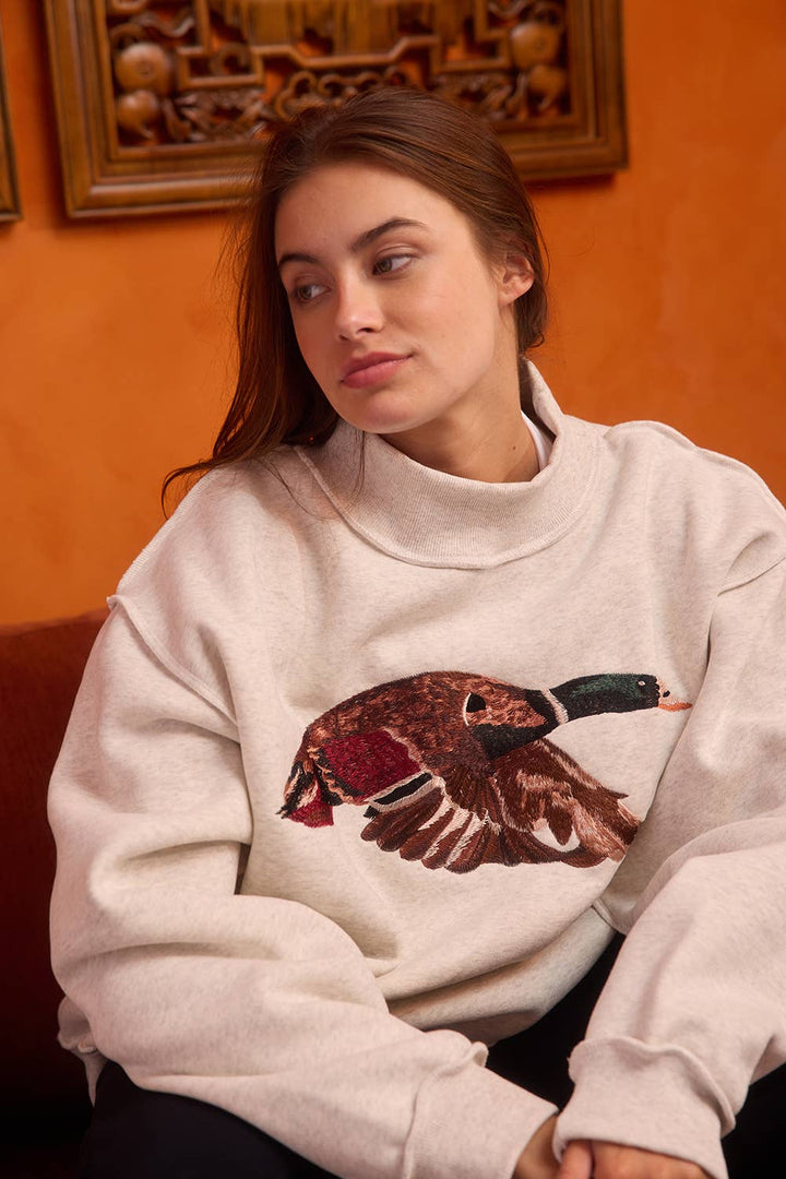 'MALLARD' Embroidered Mock-Neck Sweatshirt|Duck Mock Neck