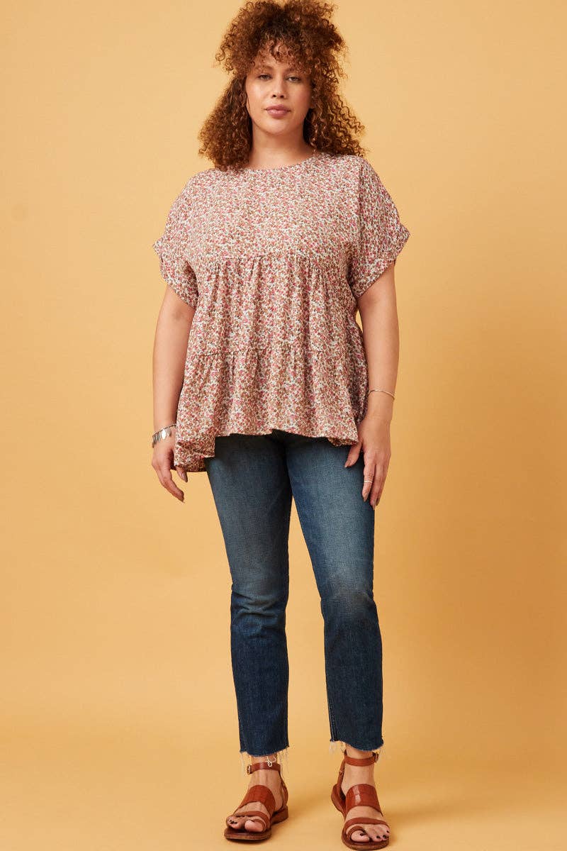 Womens Ditsy Floral Cuffed Tiered Baby Doll Top