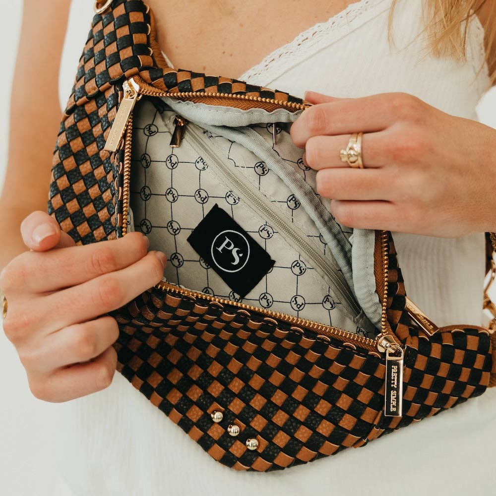 Woven Susie Sidekick Bum Bag: Woven Checkered Black & Brown