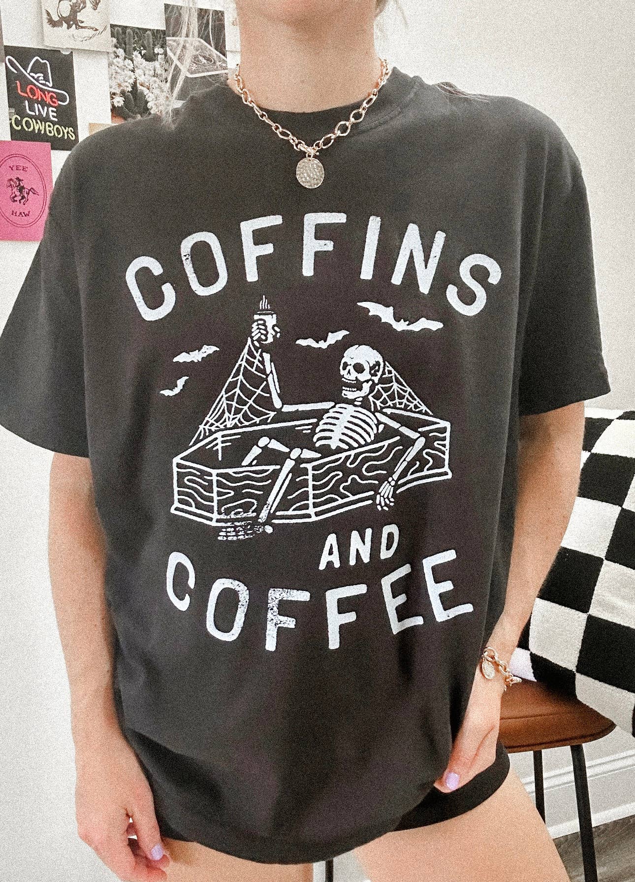 zoomed in view of Coffins and Coffee Halloween Skeleton Tee made from 100% ring-spun cotton, featuring a relaxed unisex fit, available at Onyx Native.