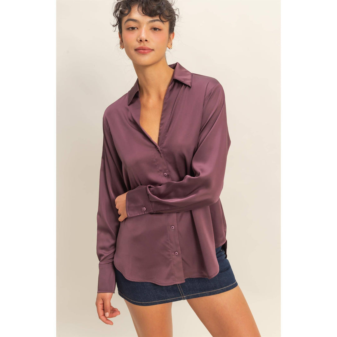 Button-Up Satin Shirt With Collared Neckline: DARK CHERRY